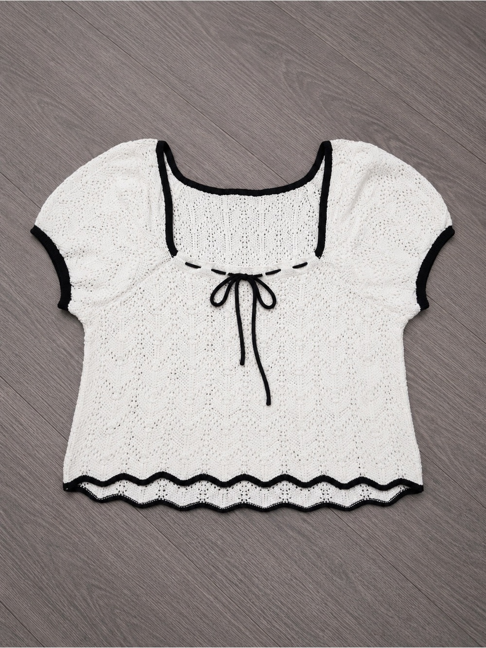Cider Ivory Cream Knit Top 2XL Black Trim Bow Front Short Sleeve